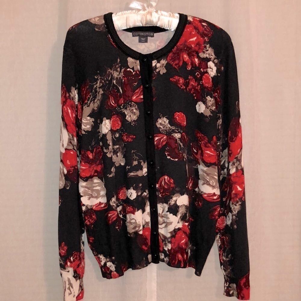Covington XL Gorgeous Black Red Floral Light Cardigan